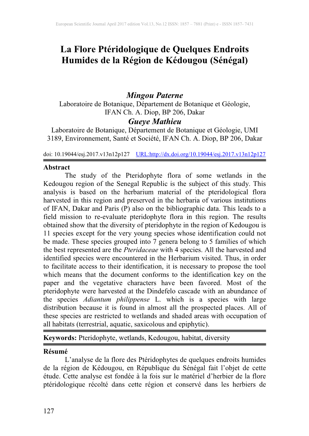 La Flore Ptéridologique De Quelques Endroits Humides De La Région De Kédougou (Sénégal)