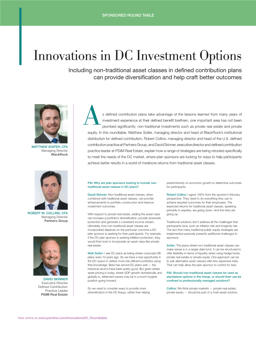 Innovations in DC Investment Options Including Non-Traditional Asset Classes in Defined Contribution Plans Can Provide Diversification and Help Craft Better Outcomes