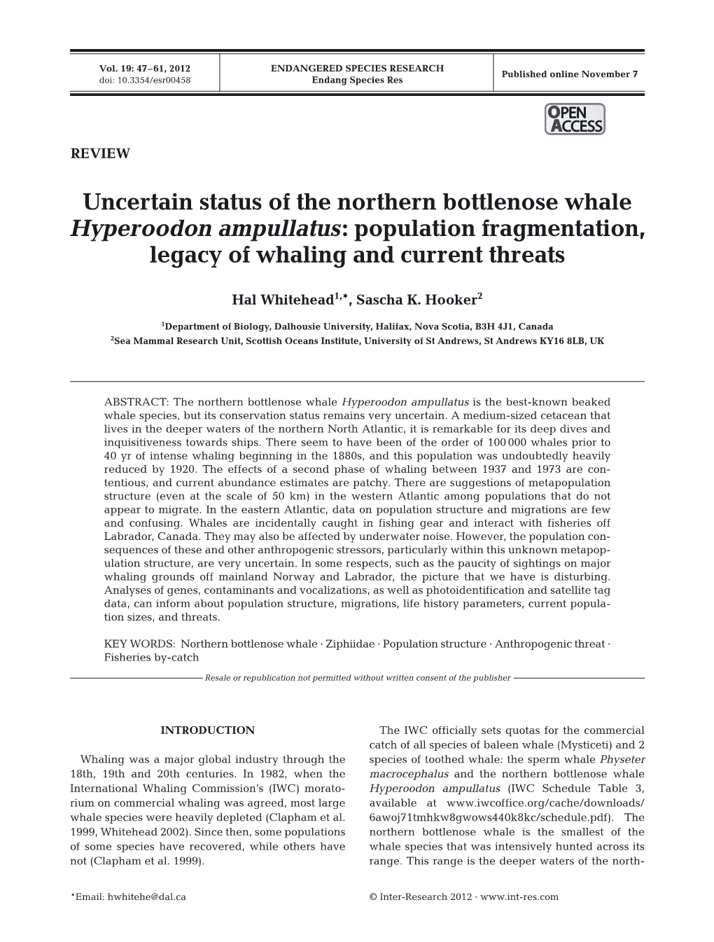 Uncertain Status of the Northern Bottlenose Whale Hyperoodon Ampullatus: Population Fragmentation, Legacy of Whaling and Current Threats