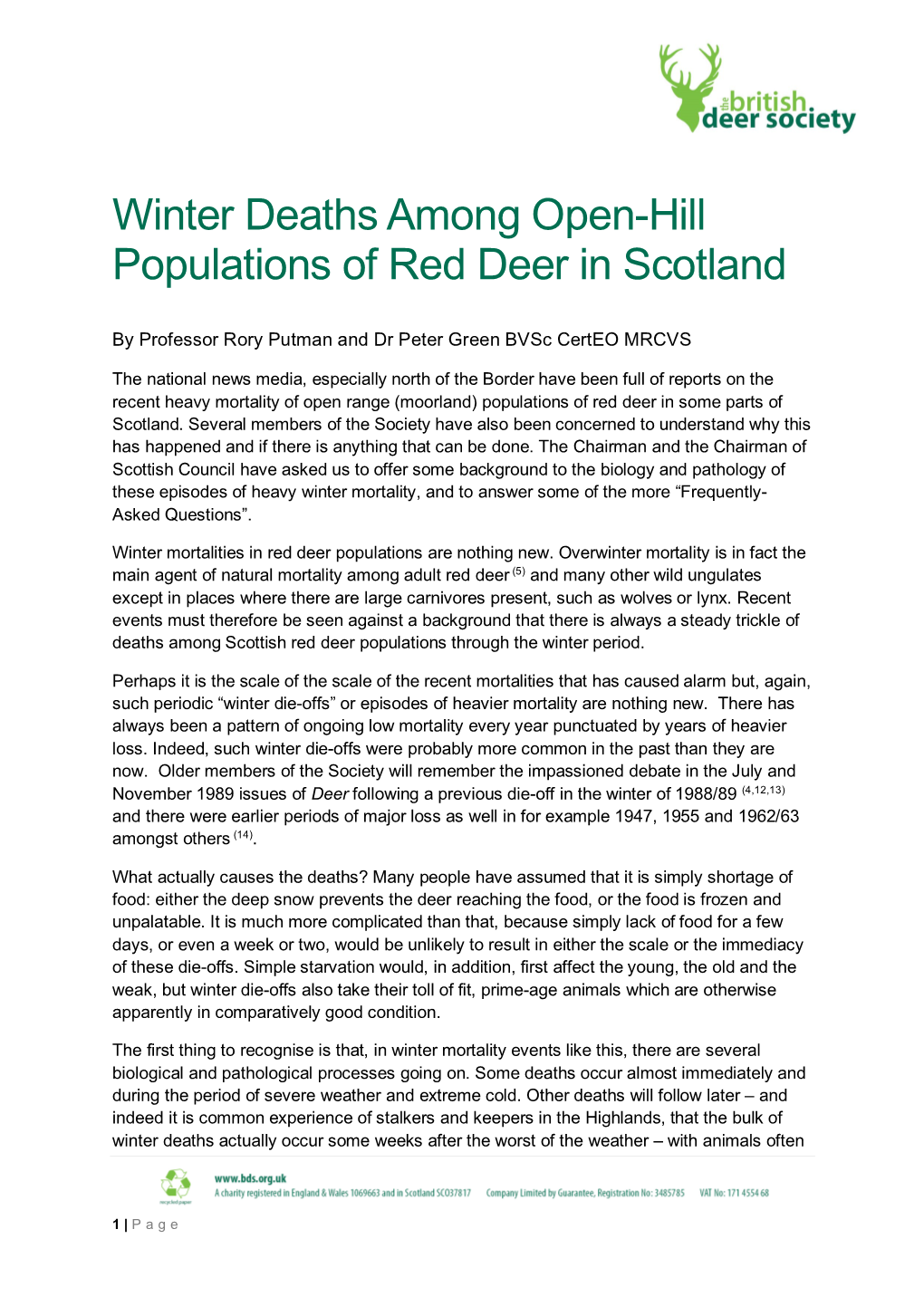 Winter Deaths Among Open-Hill Populations of Red Deer in Scotland