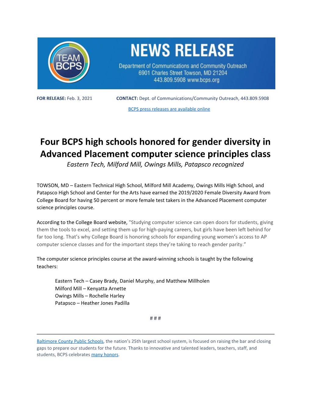 Four BCPS High Schools Honored for Gender Diversity in Advanced