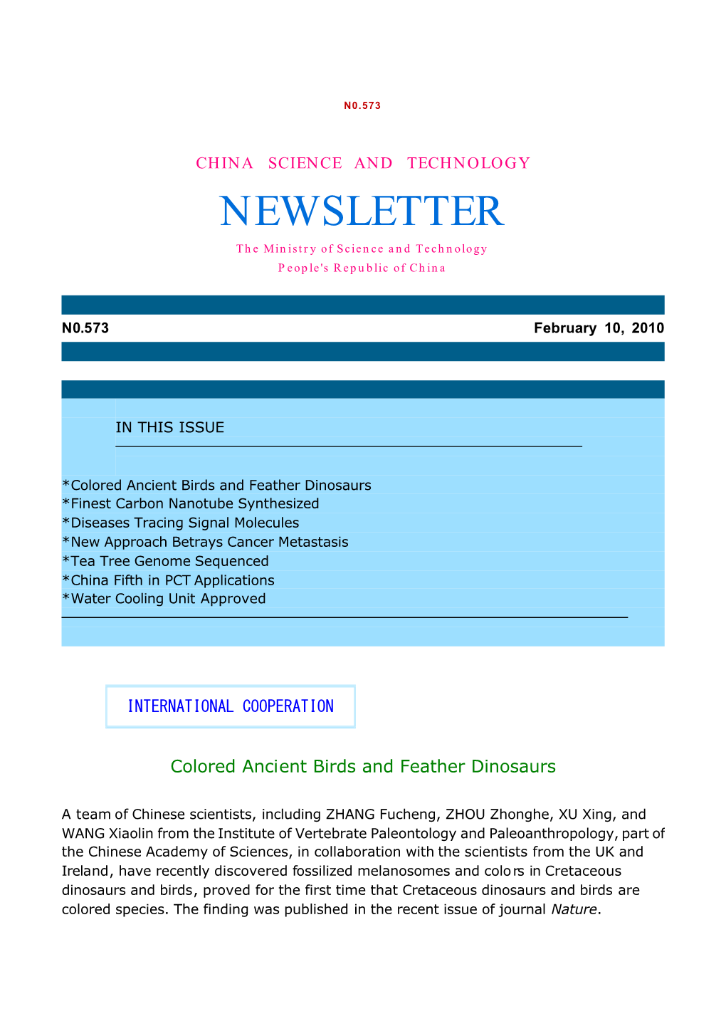 NEWSLETTER the Ministry of Science and Technology People's Republic of China