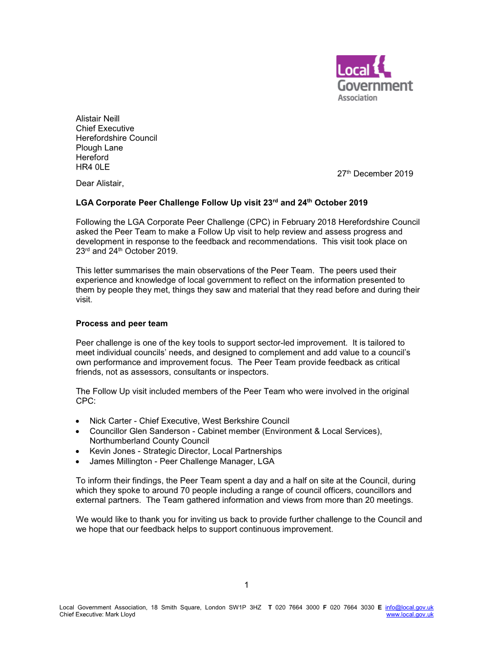 Herefordshire Council Corporate Peer Challeng Follow-Up Letter December 2019