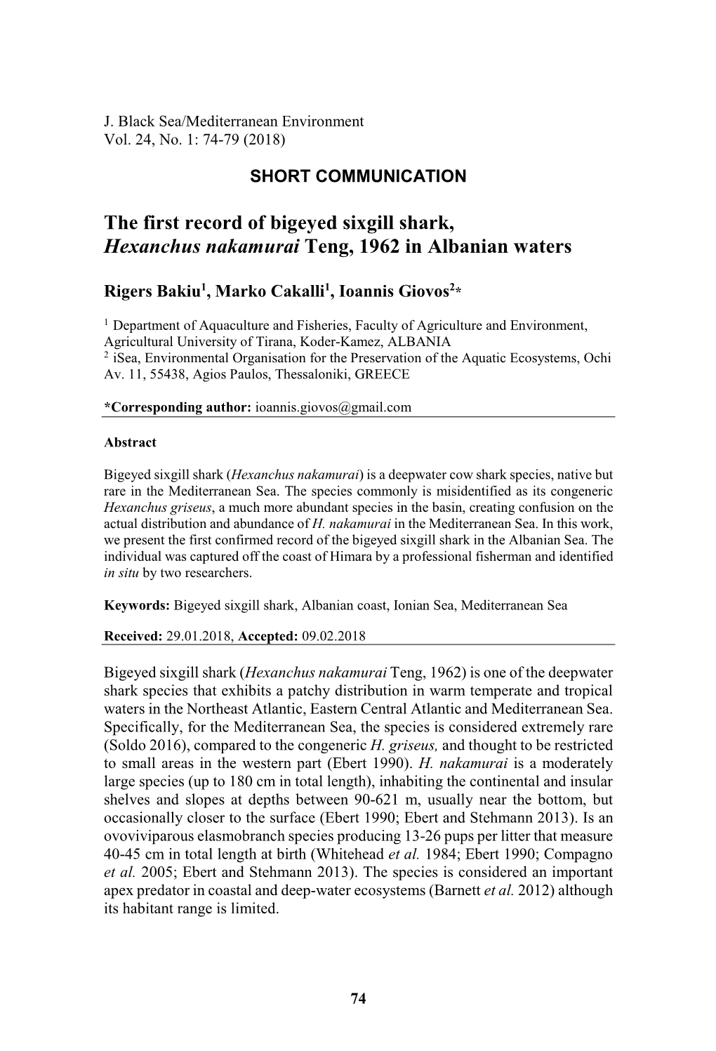 The First Record of Bigeyed Sixgill Shark, Hexanchus Nakamurai Teng, 1962 in Albanian Waters