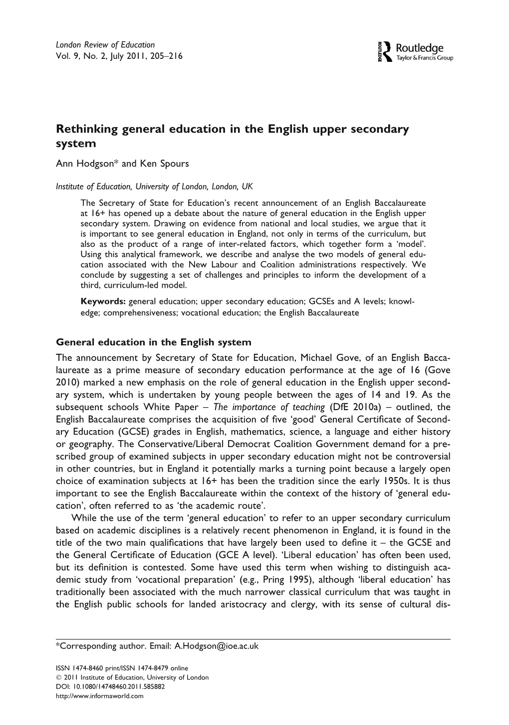 Rethinking General Education in the English Upper Secondary System Ann Hodgson* and Ken Spours