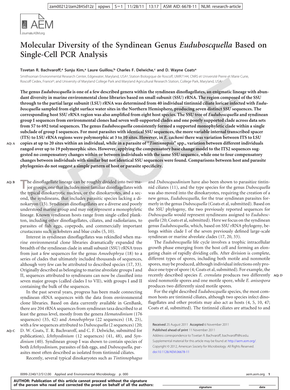 Molecular Diversity of the Syndinean Genus Euduboscquella Based on Single-Cell PCR Analysis