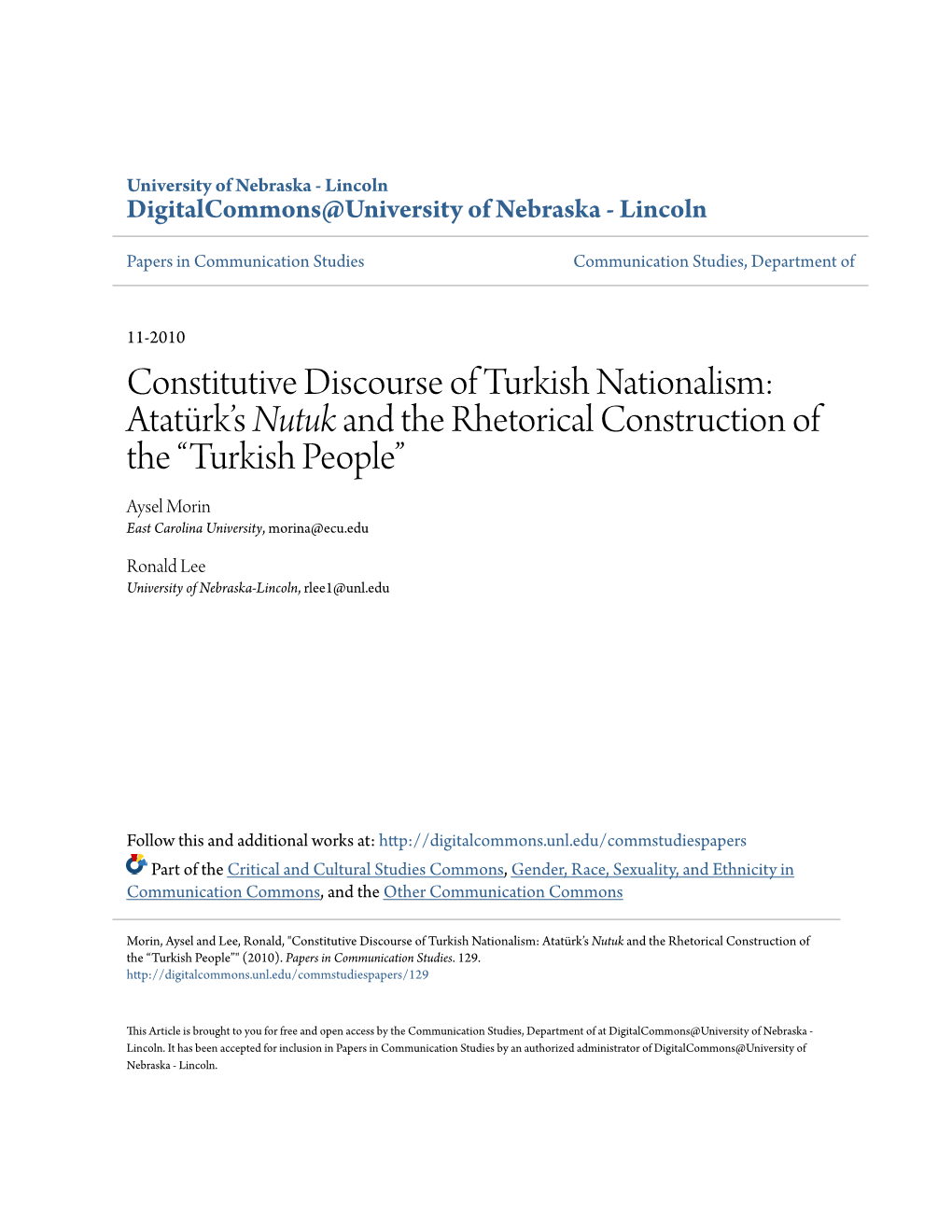 Constitutive Discourse of Turkish Nationalism: Atatürk's <I>Nutuk</I