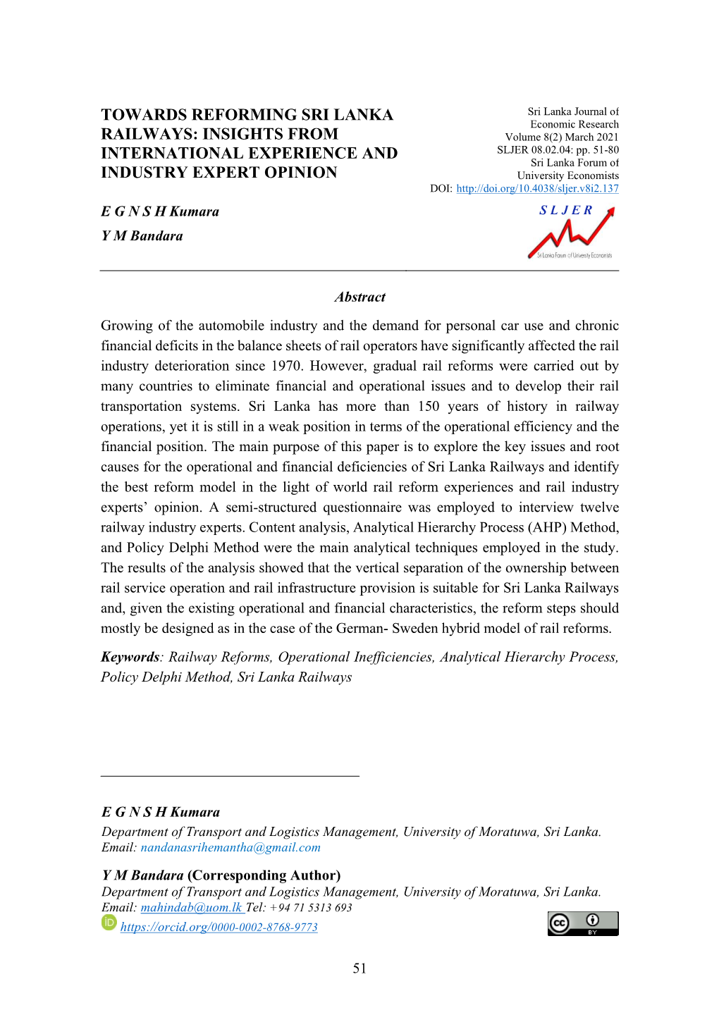 Towards Reforming Sri Lanka Railways: Insights from International Experience and Industry Expert Opinion