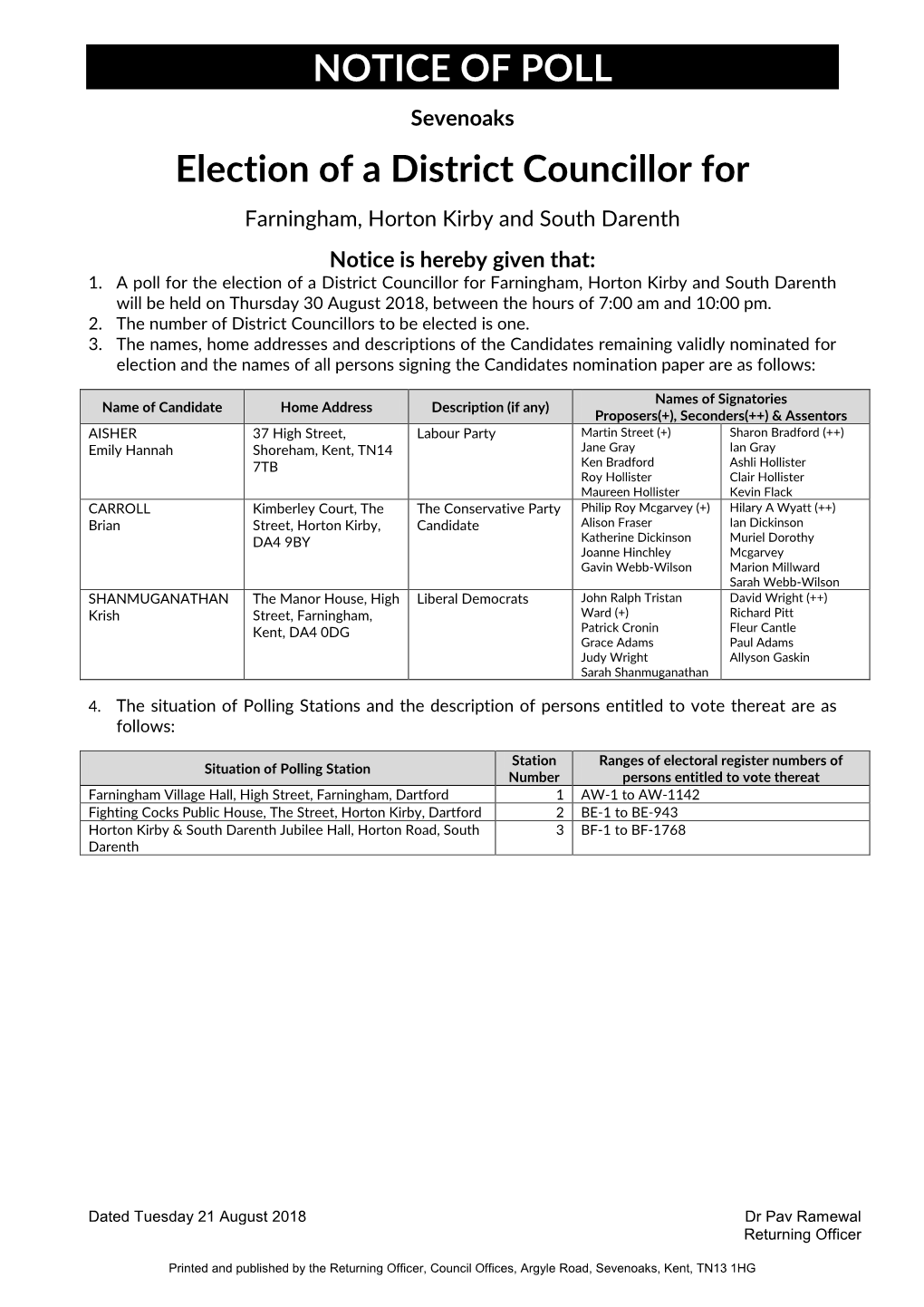 NOTICE of POLL Election of a District Councillor