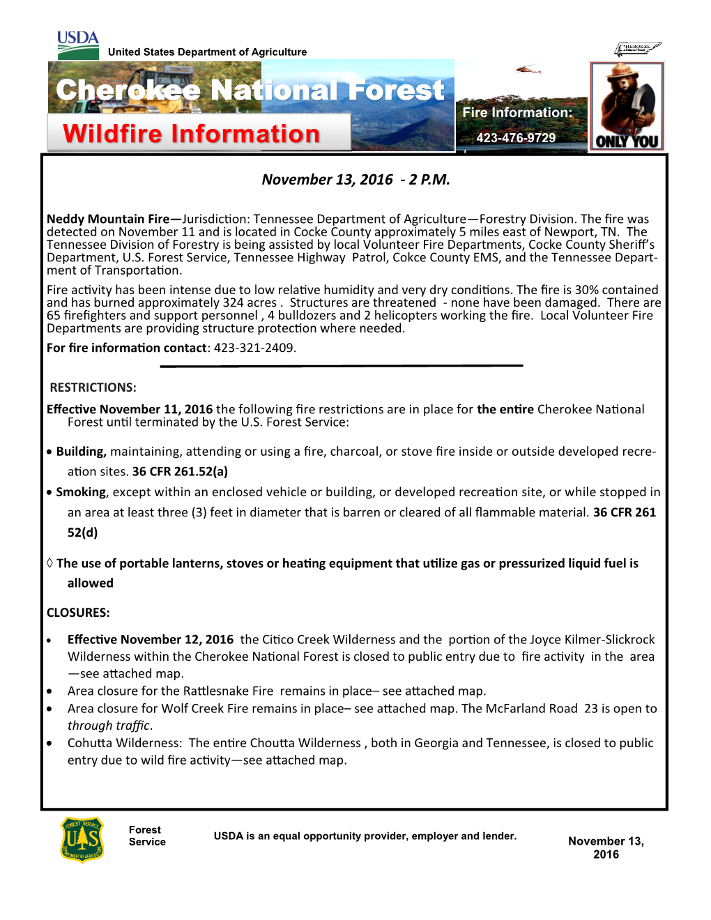 Cherokee National Forest Fire Information: Wildfire Information 423-476-9729