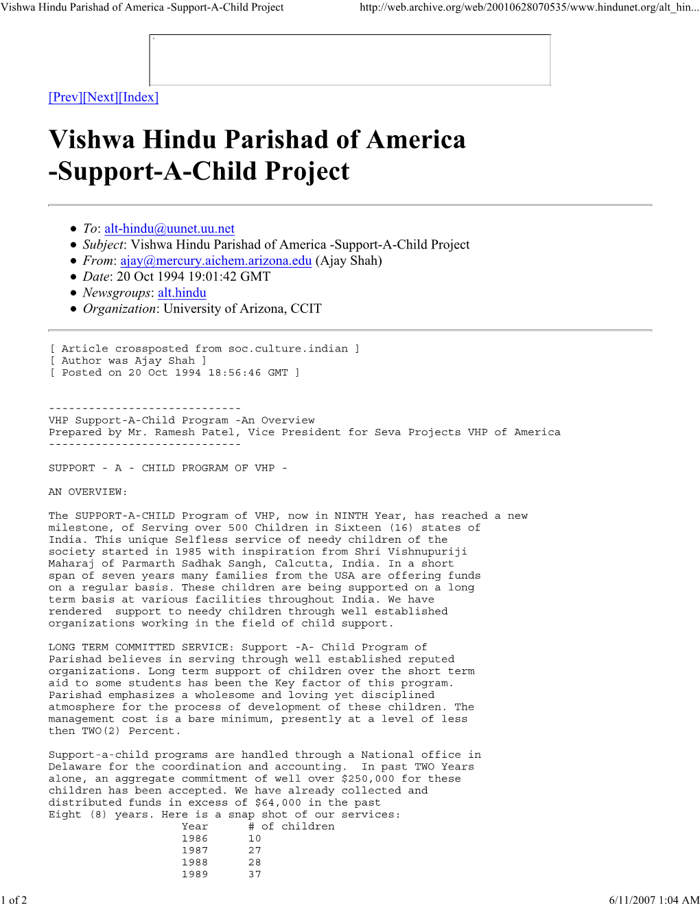 Vishwa Hindu Parishad of America -Support-A-Child Project