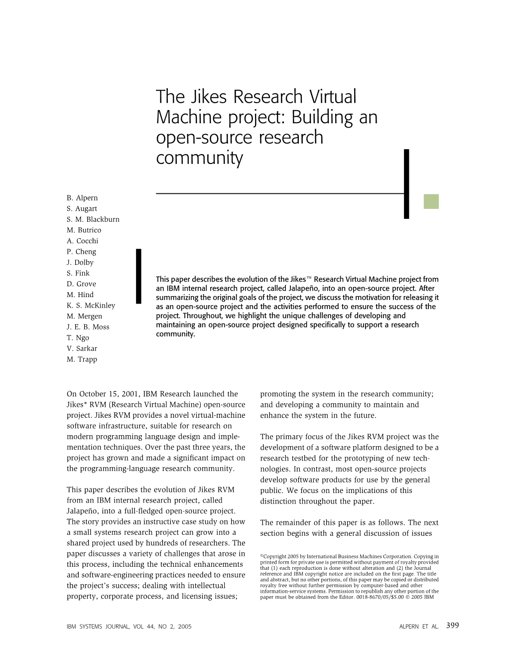 The Jikes RVM Project: Building an Open Source Research Community