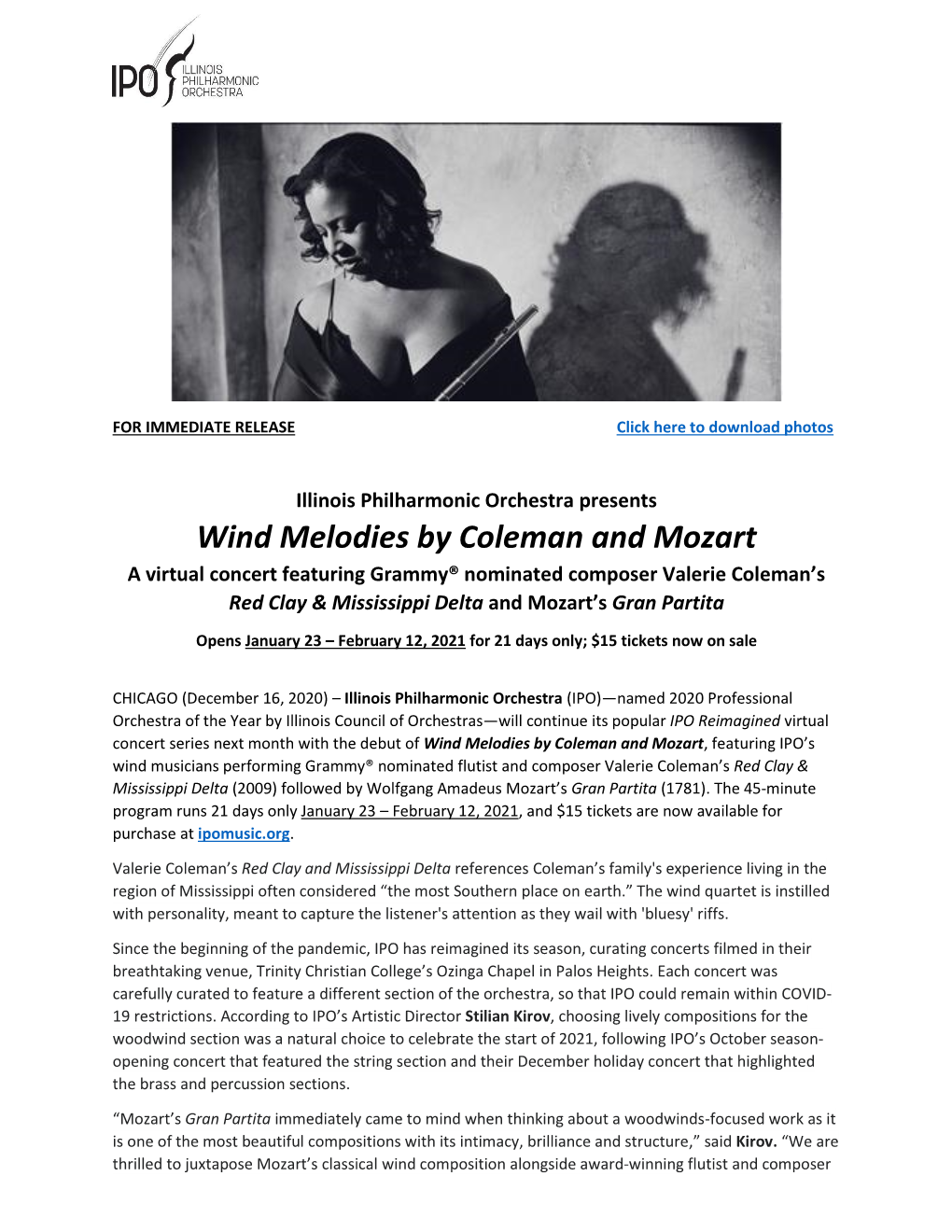 Wind Melodies by Coleman and Mozart a Virtual Concert Featuring Grammy® Nominated Composer Valerie Coleman’S Red Clay & Mississippi Delta and Mozart’S Gran Partita