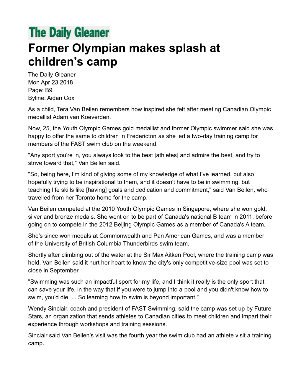 Former Olympian Makes Splash at Children's Camp