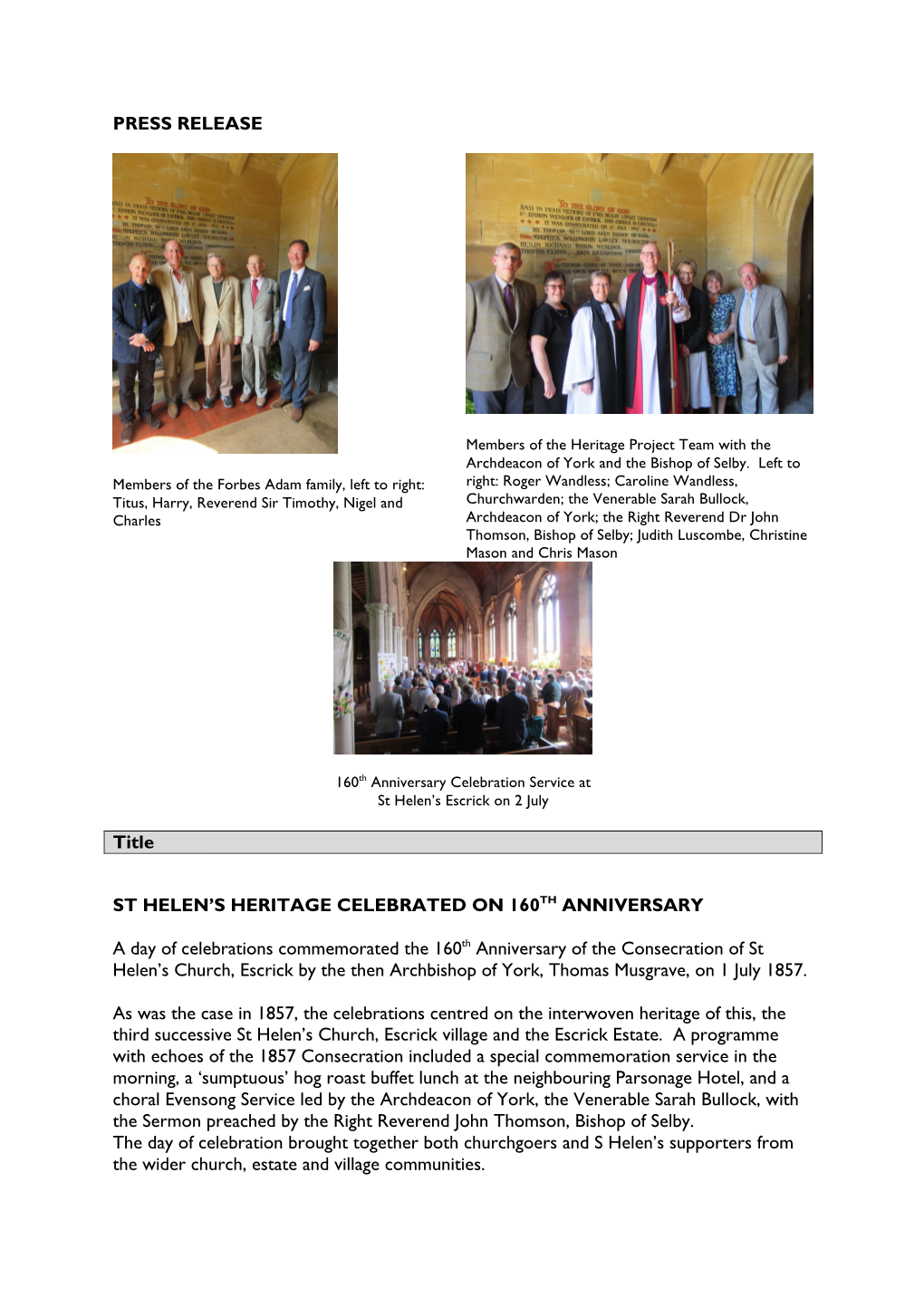 PRESS RELEASE Title ST HELEN's HERITAGE