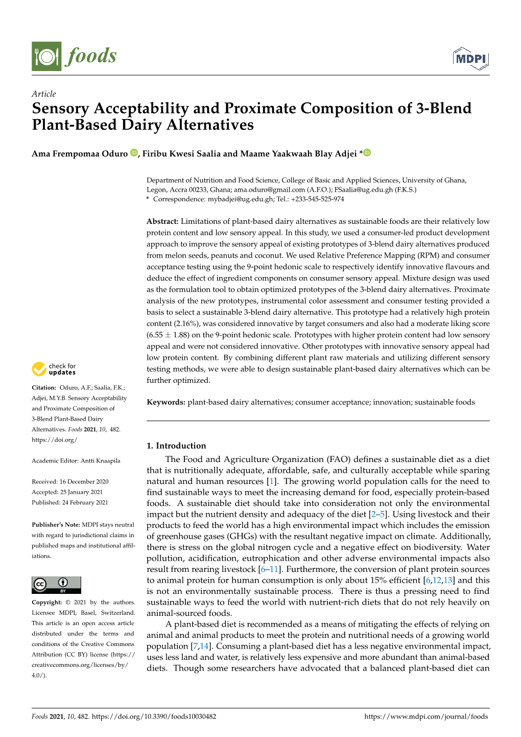 Sensory Acceptability and Proximate Composition of 3-Blend Plant-Based Dairy Alternatives