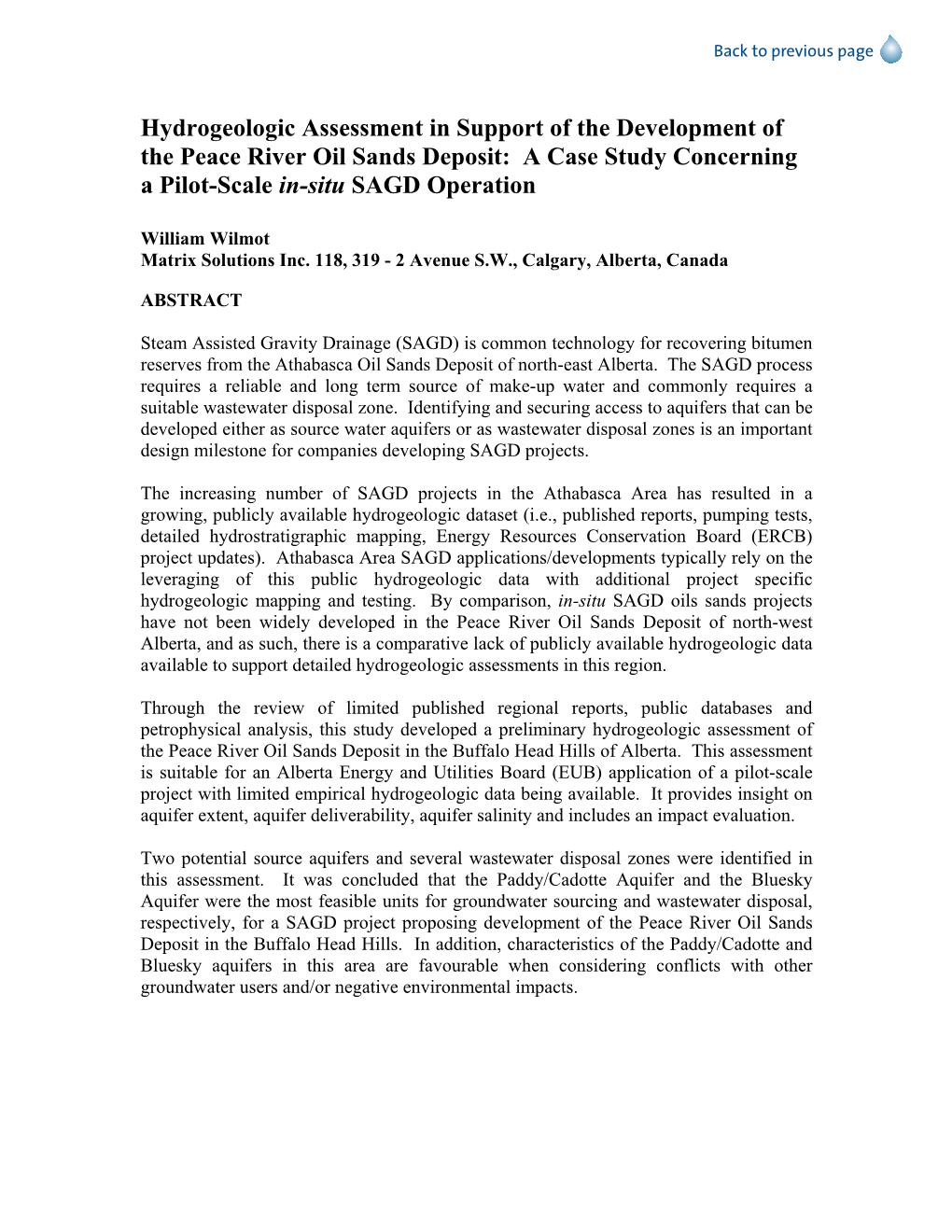 Hydrogeologic Assessment in Support of the Development of the Peace River Oil Sands Deposit: a Case Study Concerning a Pilot-Scale In-Situ SAGD Operation