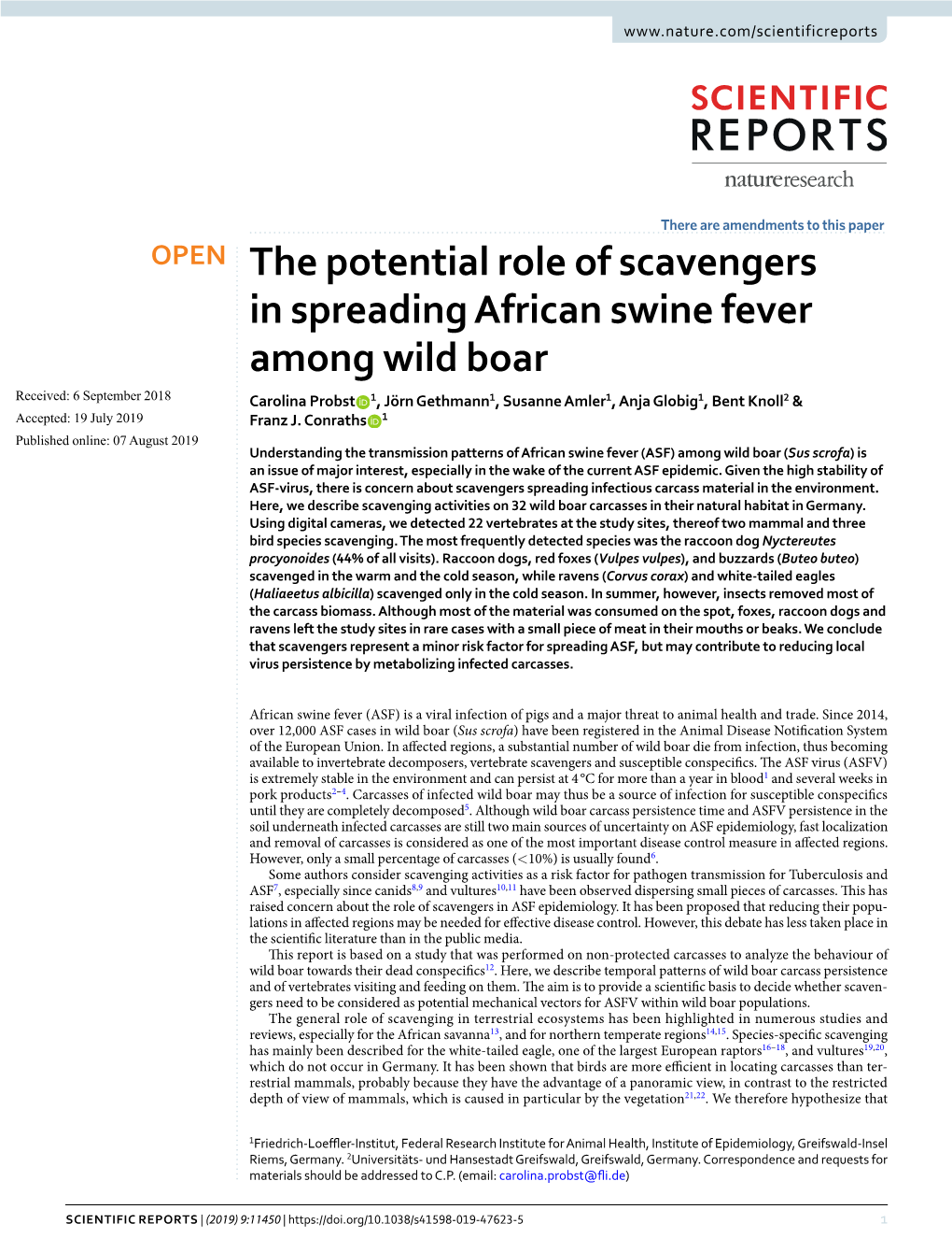 The Potential Role of Scavengers in Spreading African Swine Fever