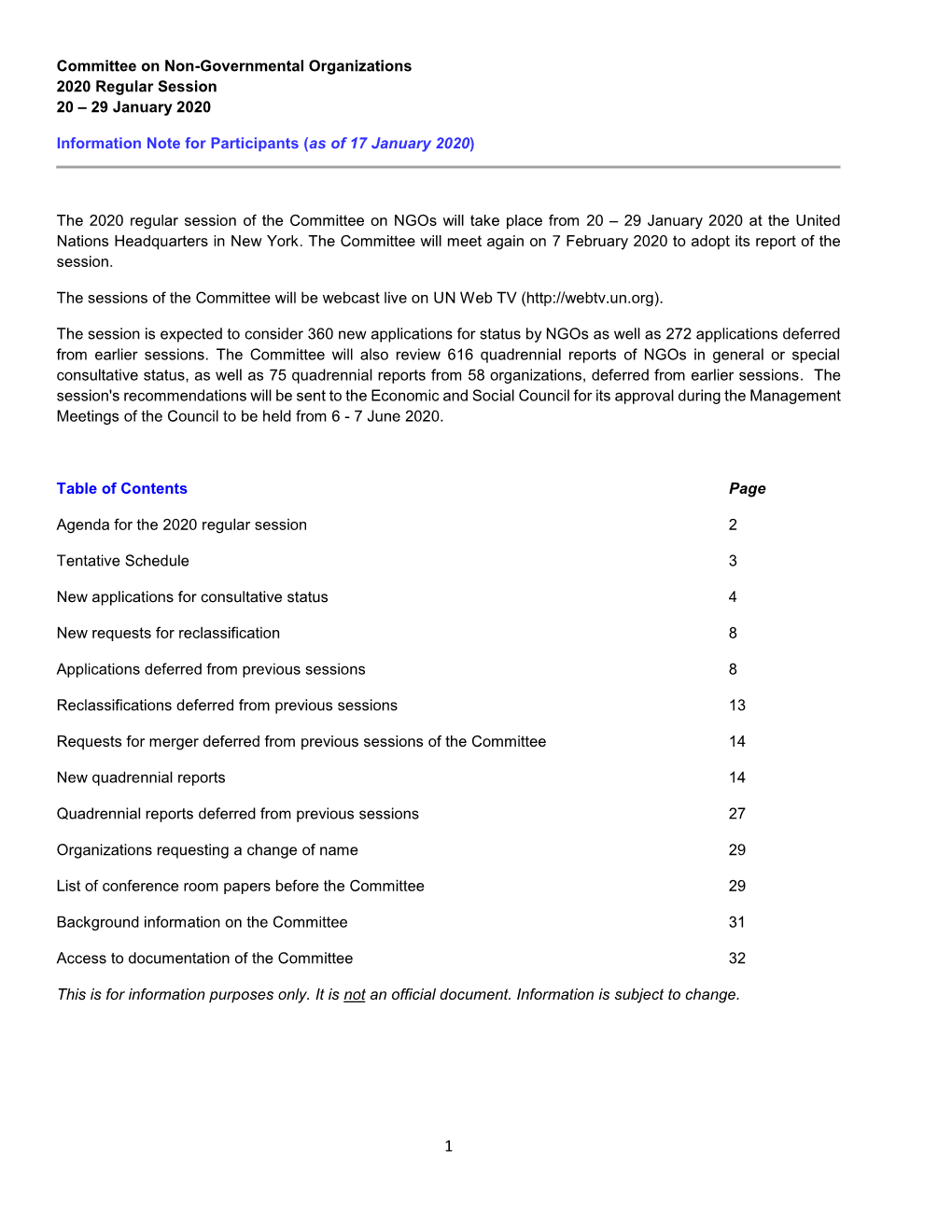 Committee on Non-Governmental Organizations 2020 Regular Session 20 – 29 January 2020