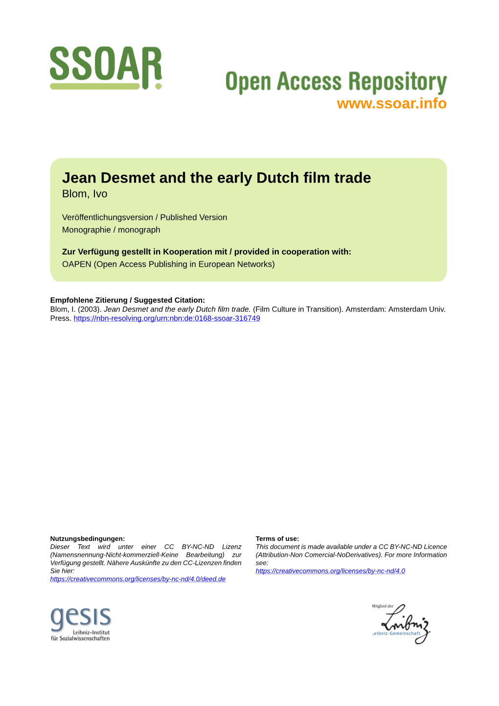 Jean Desmet and the Early Dutch Film Trade Blom, Ivo