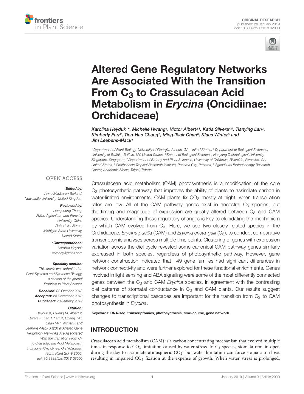 Altered Gene Regulatory Networks Are Associated with the Transition from C3 to Crassulacean Acid Metabolism in Erycina (Oncidiinae: Orchidaceae)