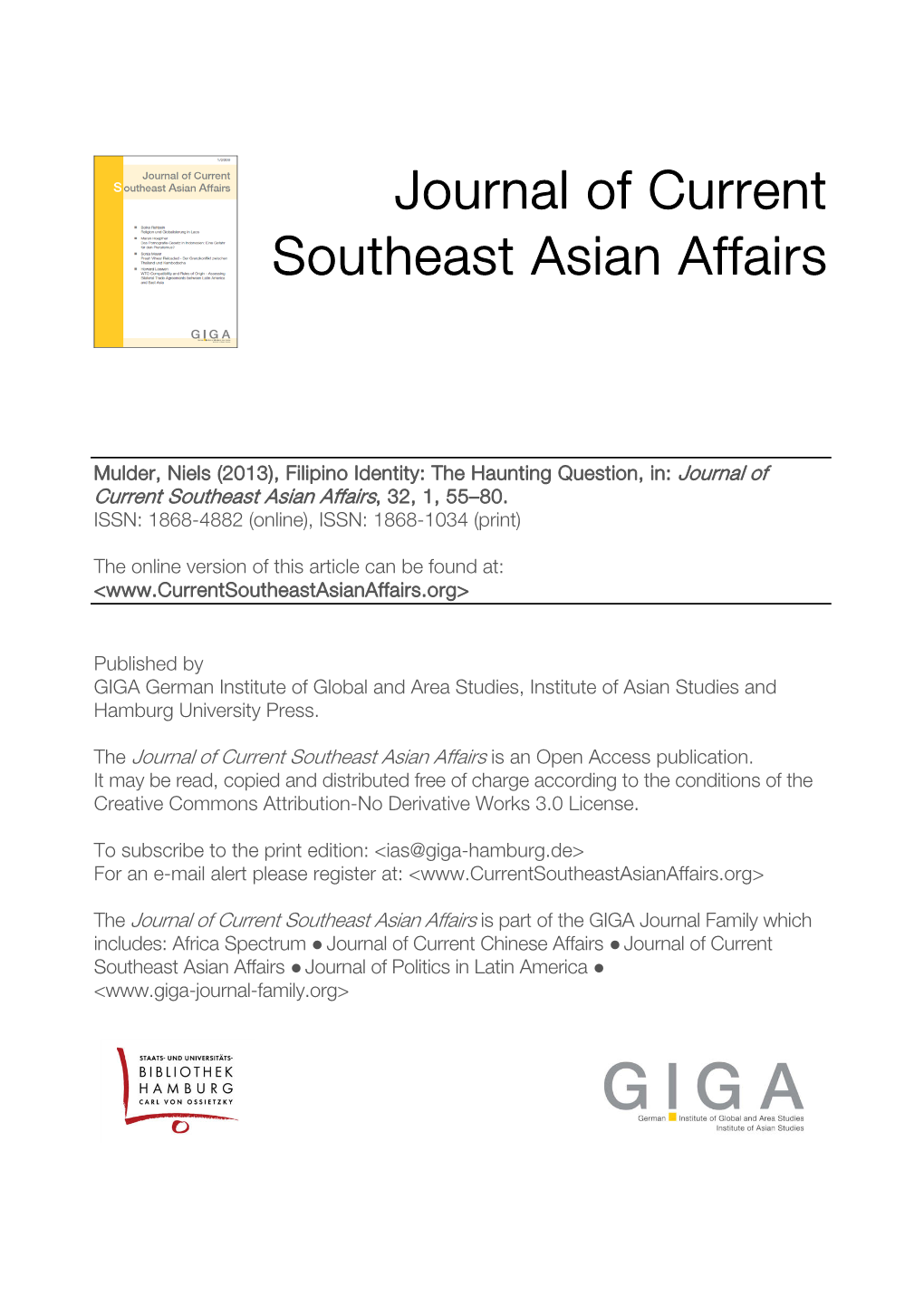 Filipino Identity: the Haunting Question, In: Journal of Current Southeast Asian Affairs, 32, 1, 55–80