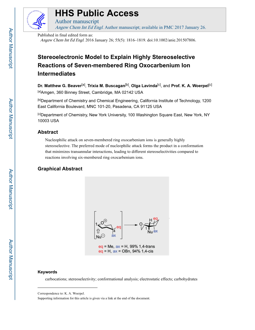 Stereoelectronic Model to Explain Highly Stereoselective Reactions of Seven-Membered Ring Oxocarbenium Ion Intermediates