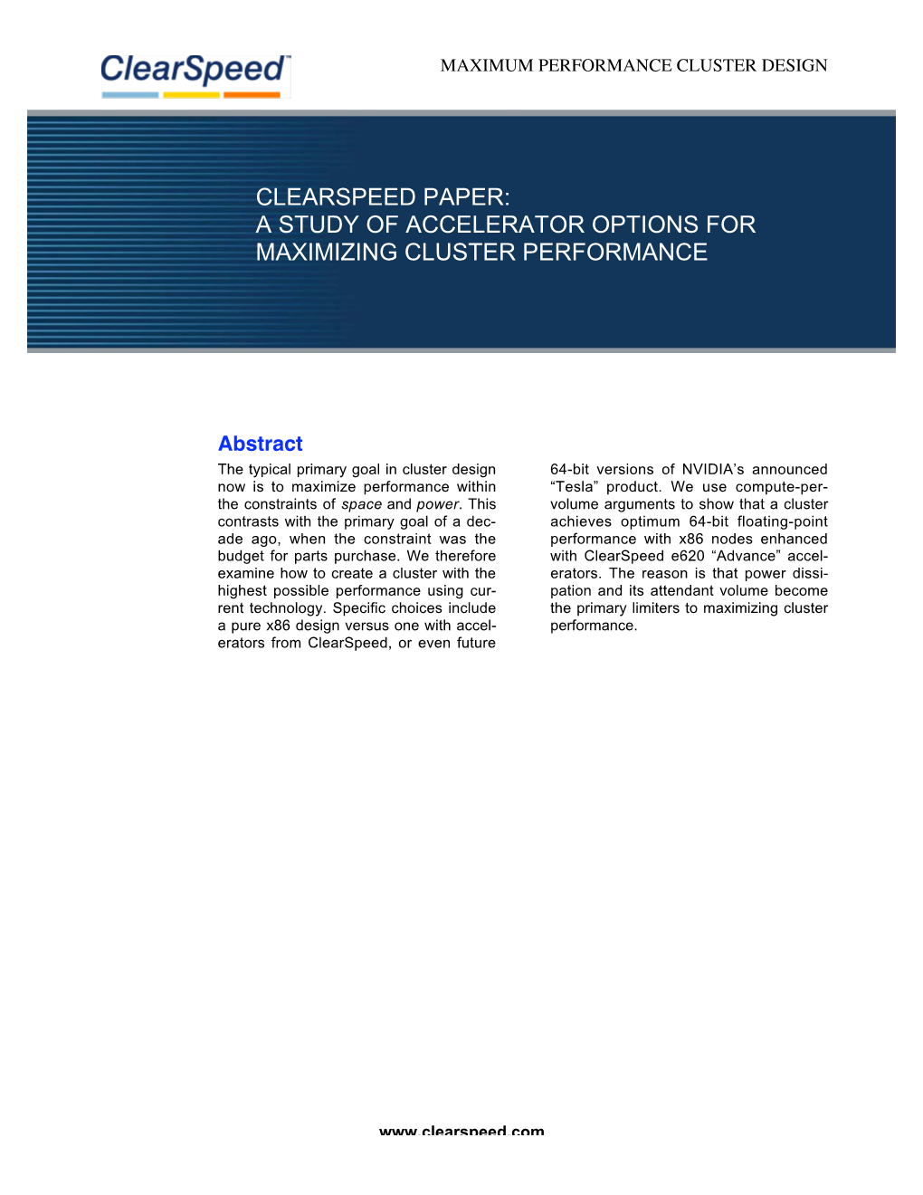Clearspeed Paper: a Study of Accelerator Options for Maximizing Cluster Performance