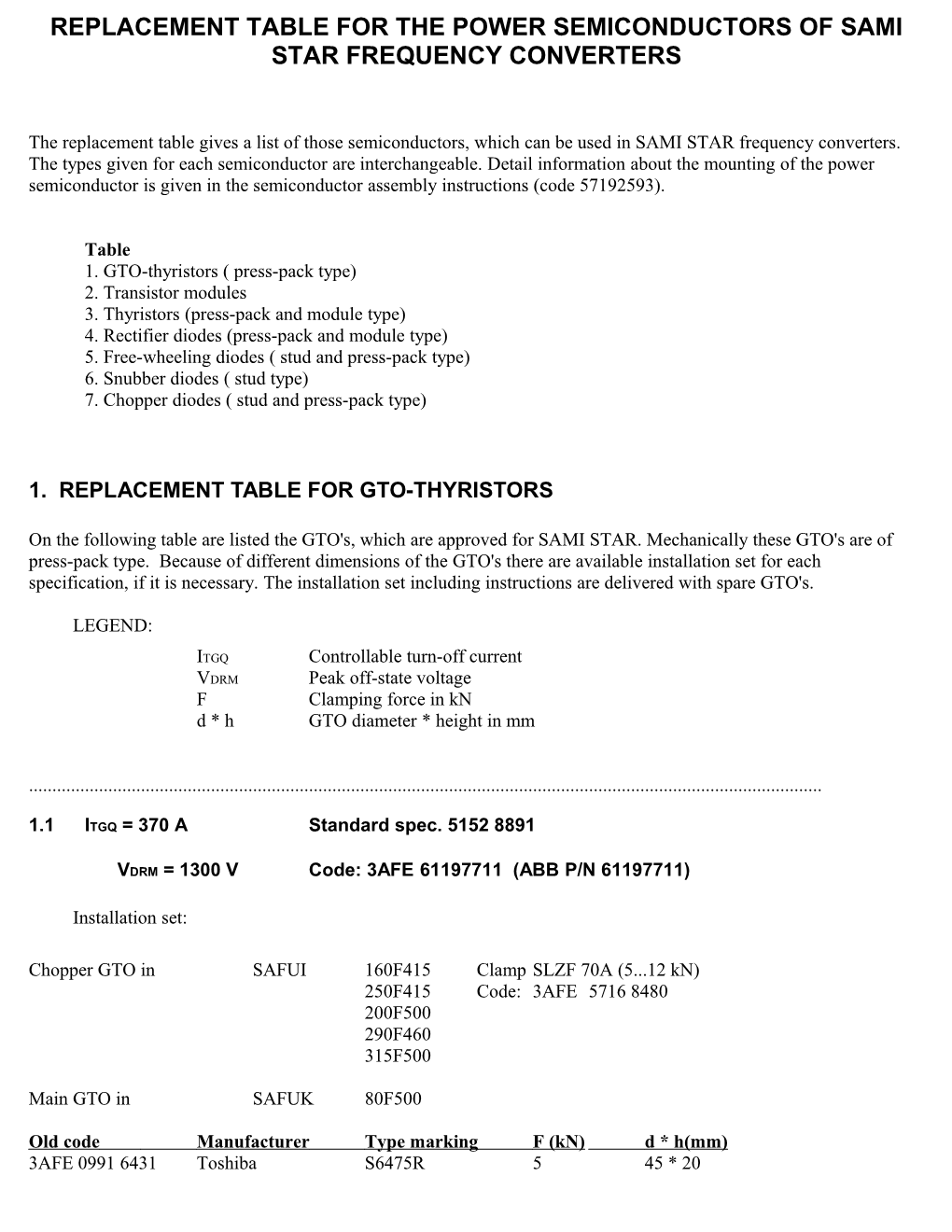 Replacement Table for the Power Semiconductors of Sami Star Frequency Converters
