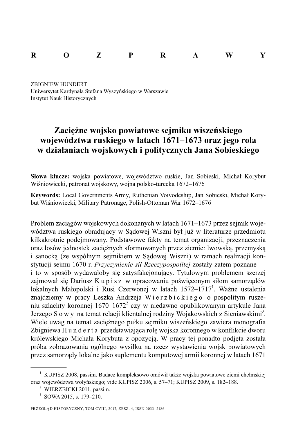 Zaciężne Wojsko Powiatowe Sejmiku Wiszeńskiego Województwa Ruskiego W Latach 1671–1673 Oraz Jego Rola W Działaniach Wojskowych I Politycznych Jana Sobieskiego