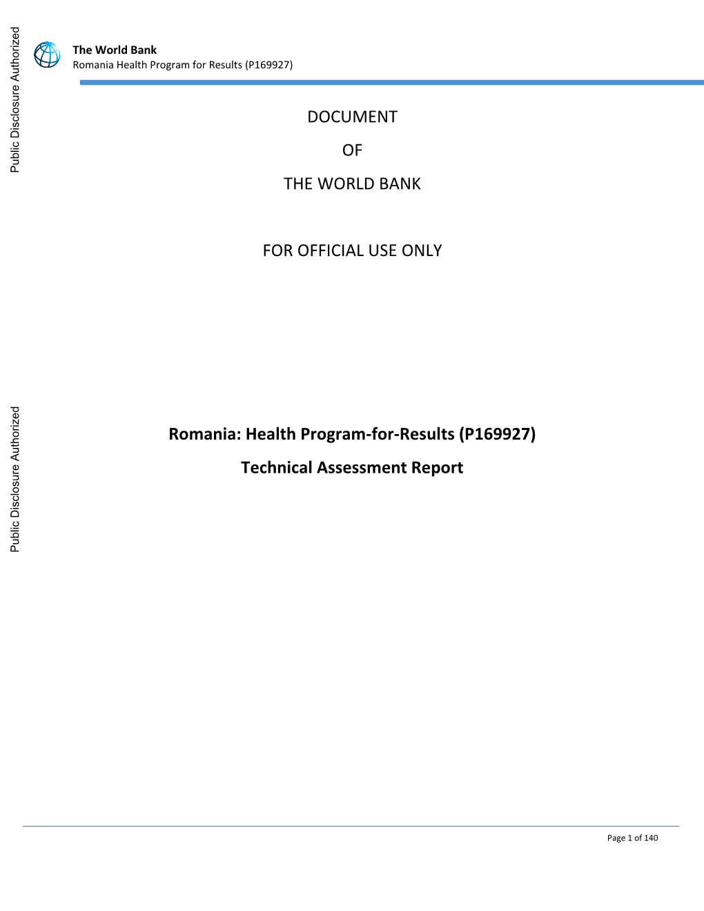 Health Program-For-Results (P169927) Technical Assessment Report