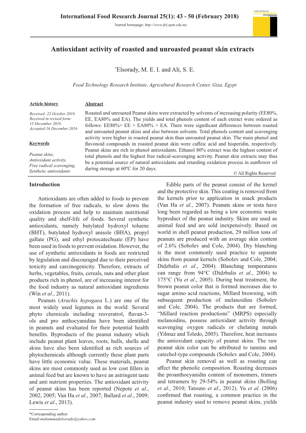 Antioxidant Activity of Roasted and Unroasted Peanut Skin Extracts