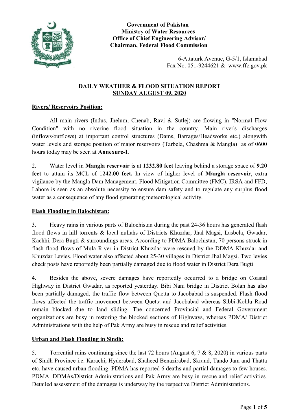 Page 1 of 5 Government of Pakistan Ministry of Water Resources Office of Chief Engineering Advisor/ Chairman, Federal Flood Comm