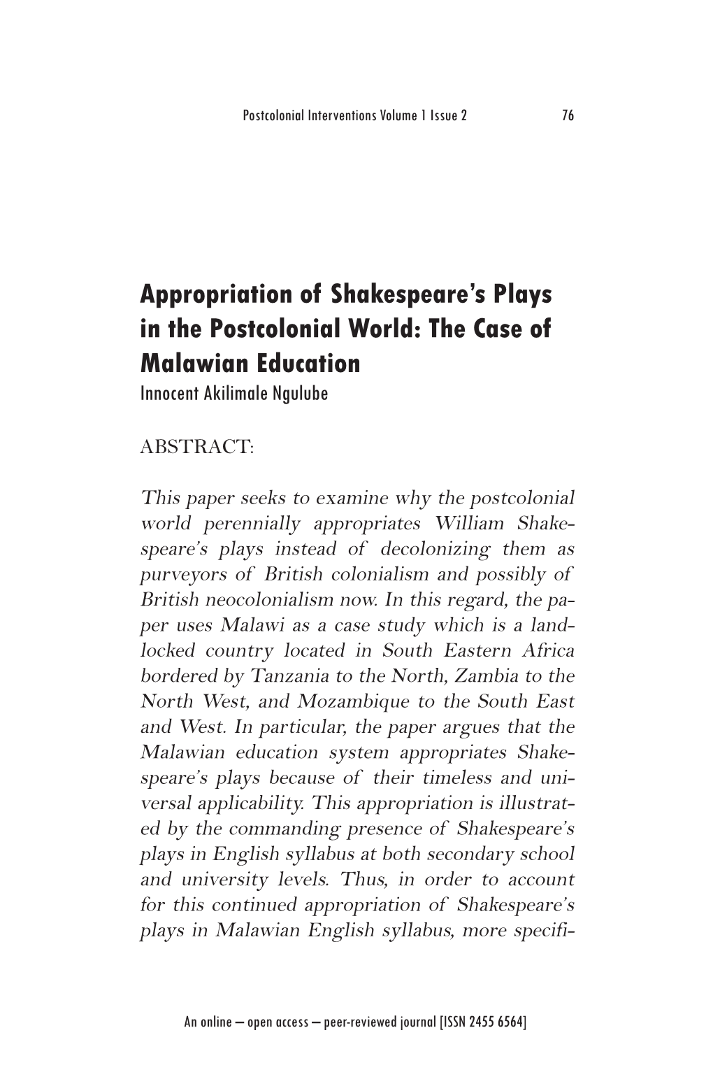 Appropriation of Shakespeare's Plays in the Postcolonial World