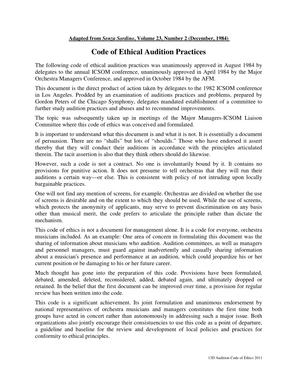 Code of Ethical Audition Practices