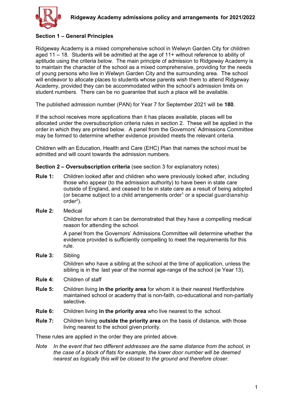 Ridgeway Academy Admissions Policy and Arrangements for 2021/2022