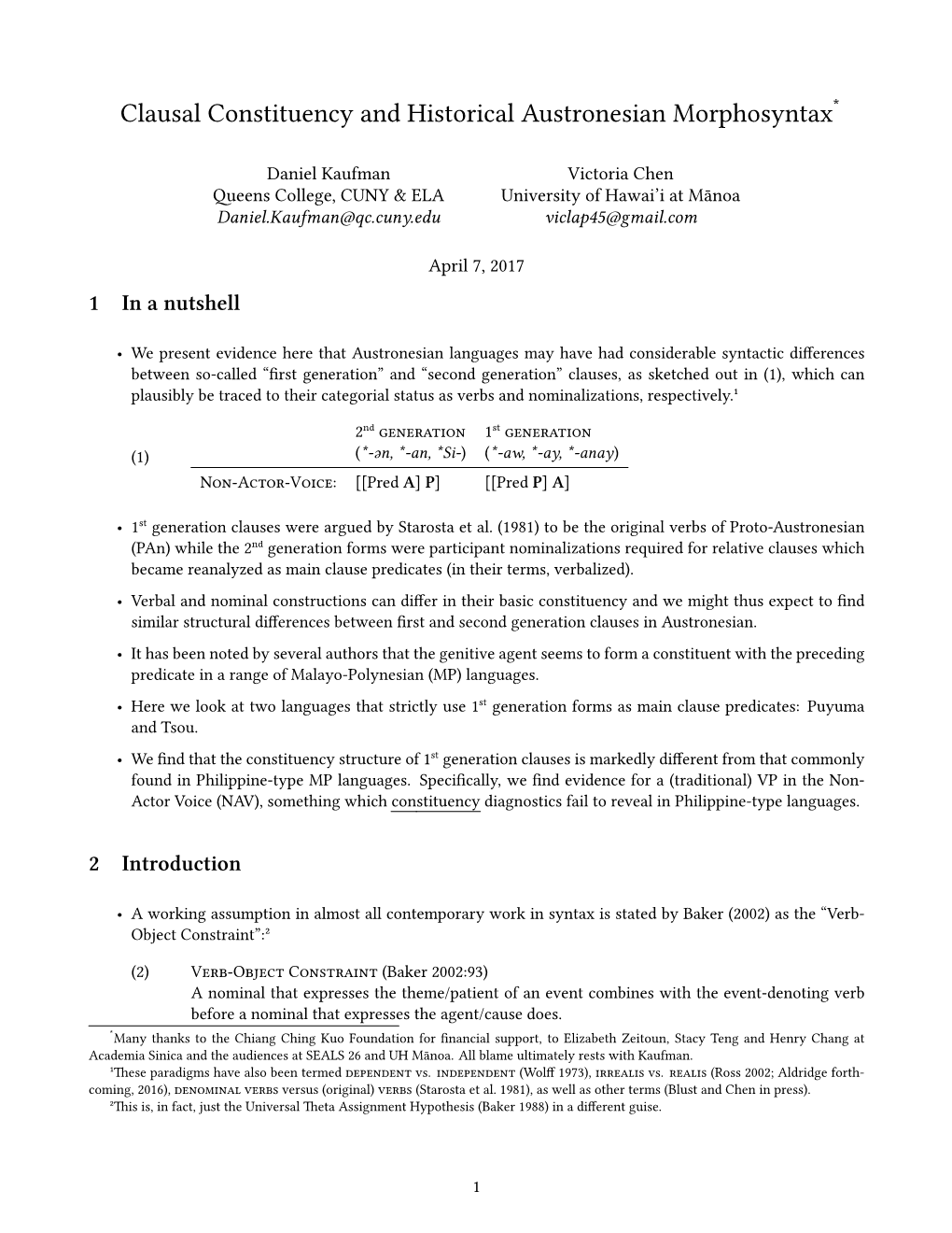 Clausal Constituency and Historical Austronesian Morphosyntax*