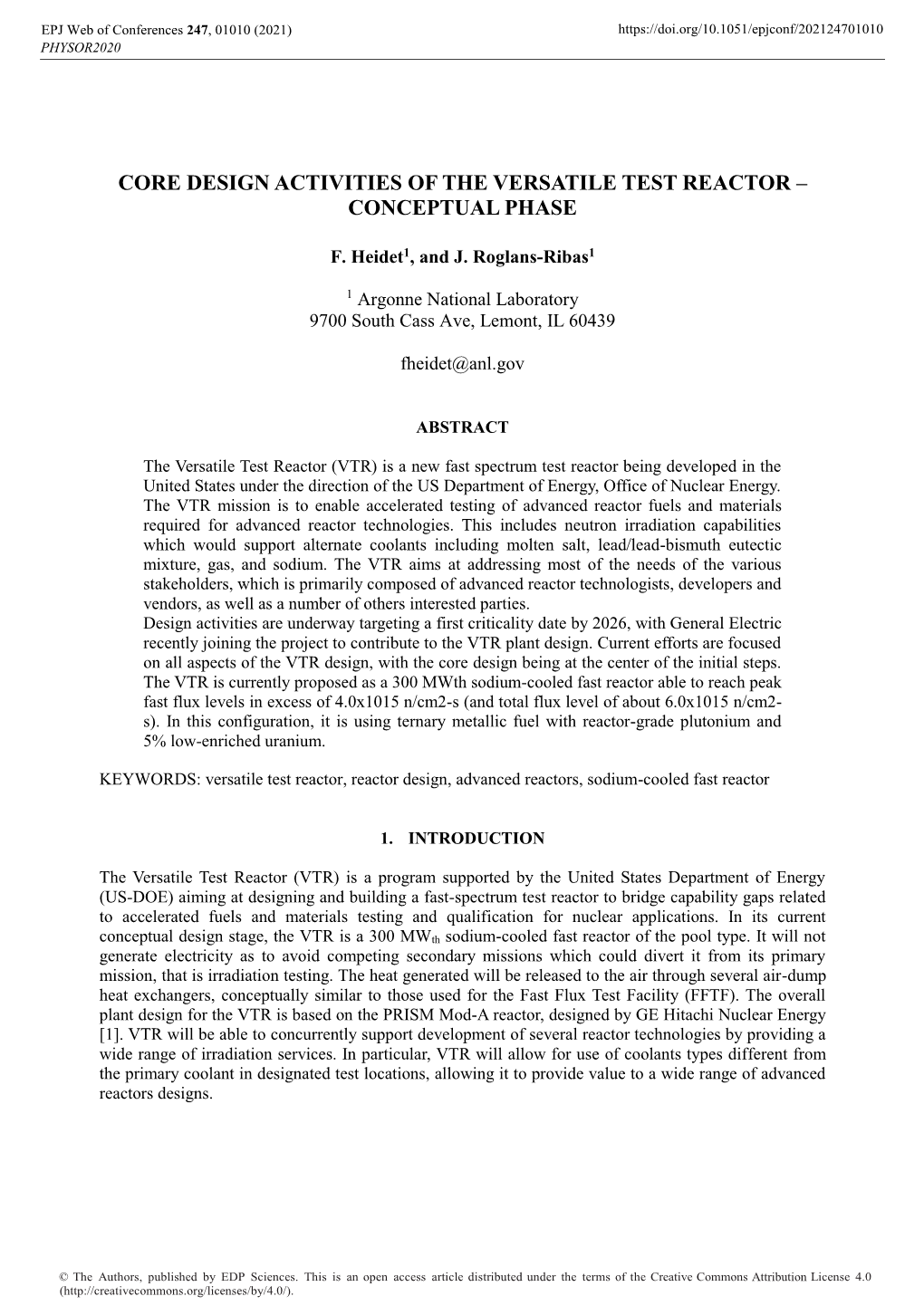 Core Design Activities of the Versatile Test Reactor – Conceptual Phase