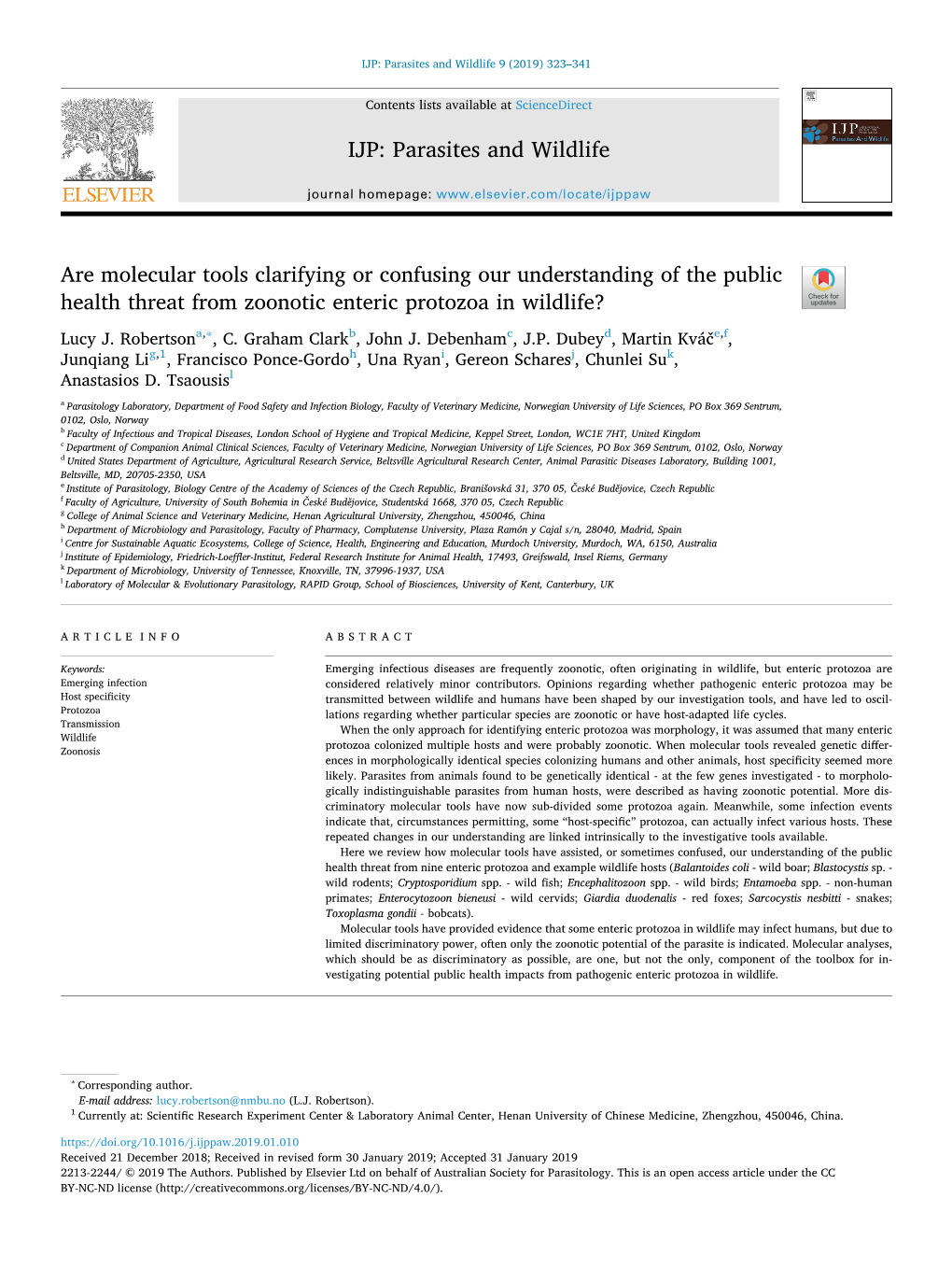 Are Molecular Tools Clarifying Or Confusing Our Understanding of the Public T Health Threat from Zoonotic Enteric Protozoa in Wildlife? ∗ Lucy J