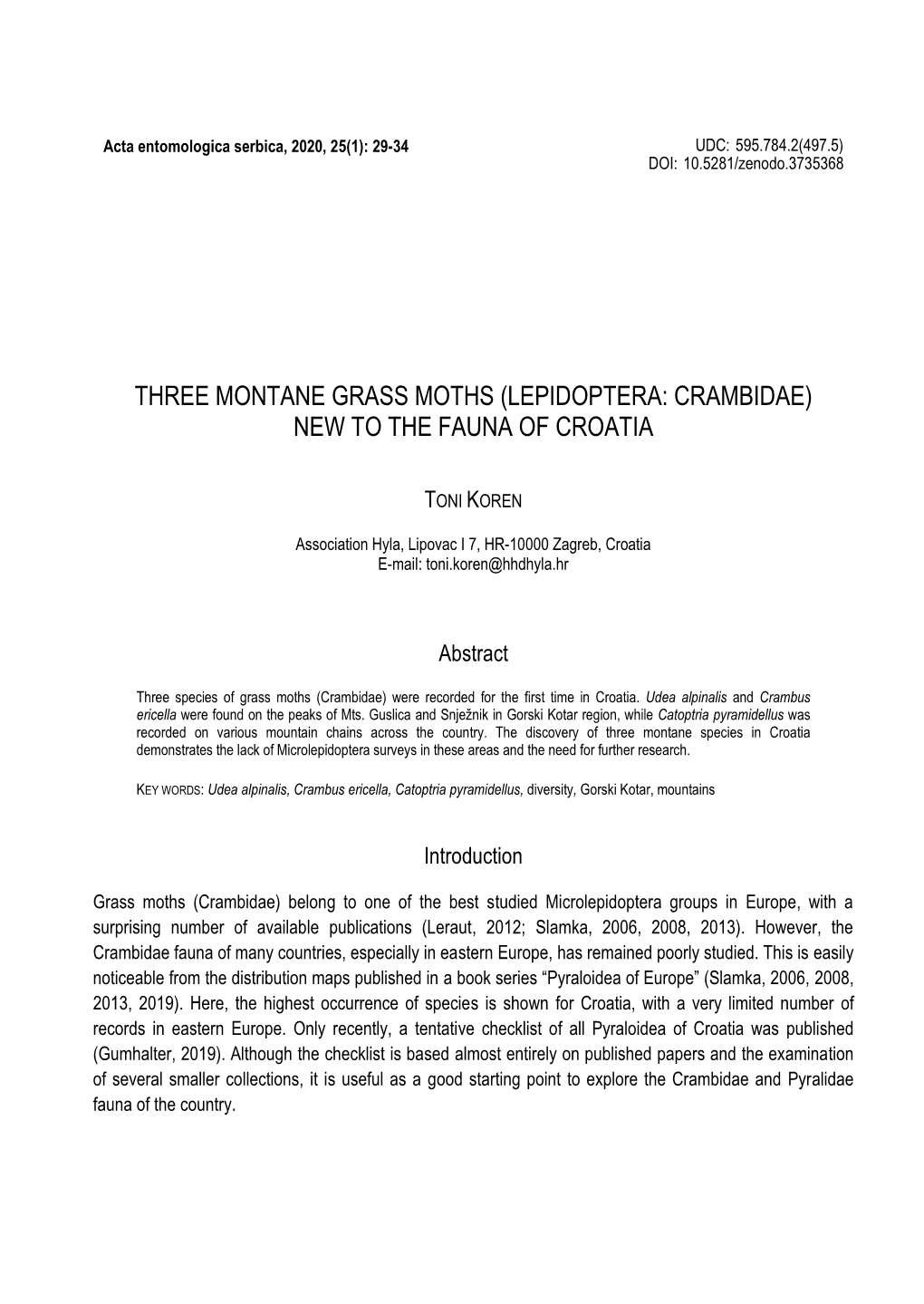 Three Montane Grass Moths (Lepidoptera: Crambidae) New to the Fauna of Croatia