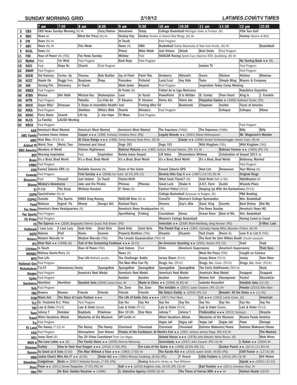 Sunday Morning Grid 2/19/12 Latimes.Com/Tv Times