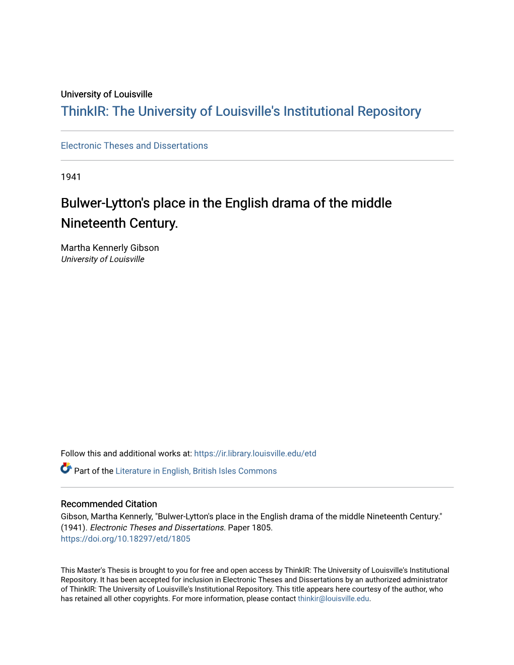 Bulwer-Lytton's Place in the English Drama of the Middle Nineteenth Century