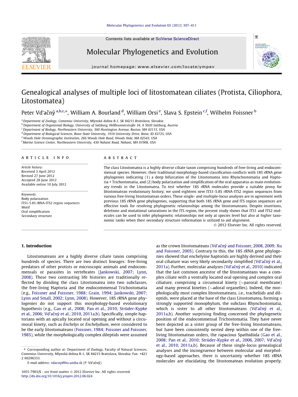 Genealogical Analyses of Multiple Loci of Litostomatean Ciliates (Protista, Ciliophora, Litostomatea) ⇑ Peter Vd’Acˇny´ A,B,C, , William A