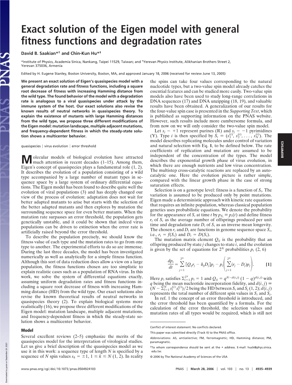 Exact Solution of the Eigen Model with General Fitness Functions and Degradation Rates