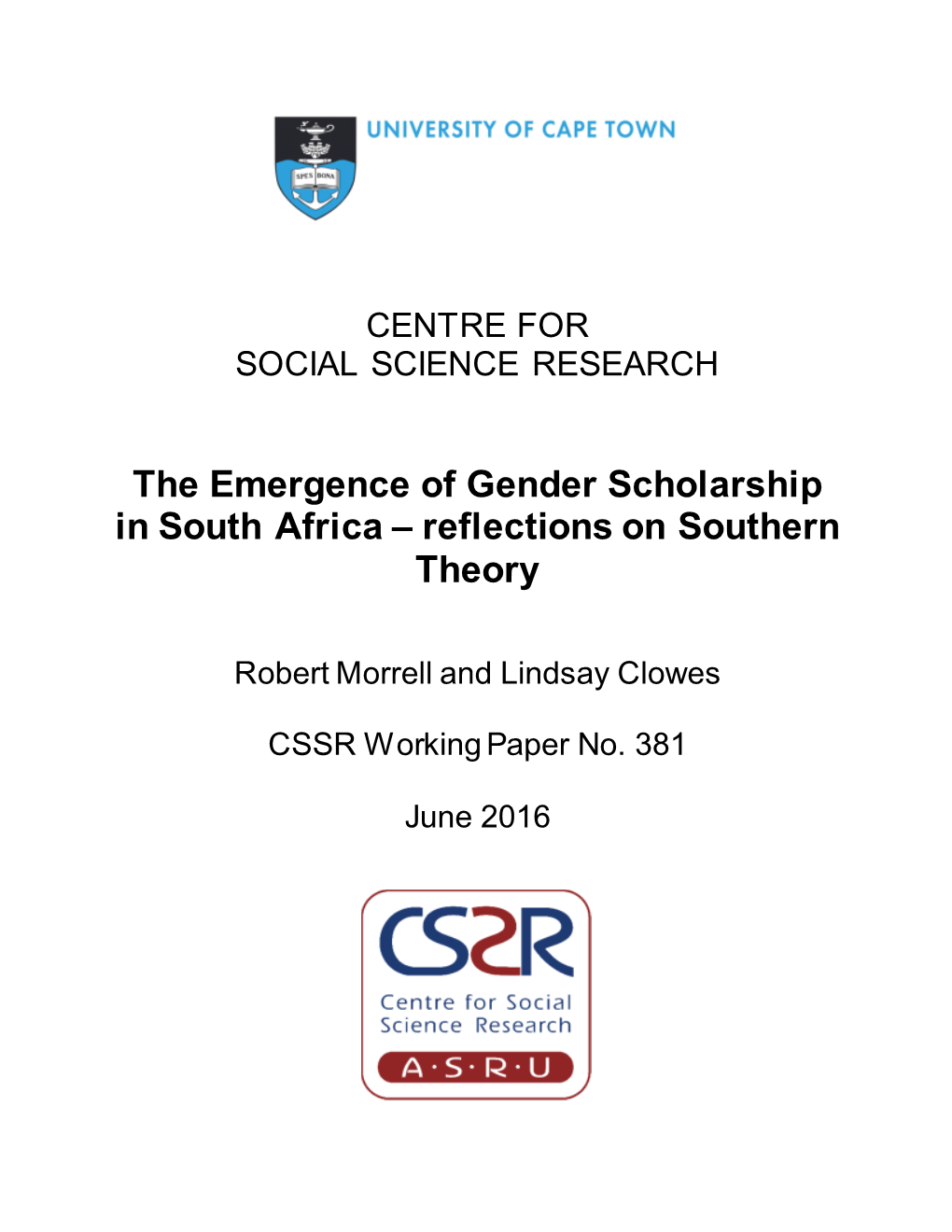 The Emergence of Gender Scholarship in South Africa – Reflections on Southern Theory