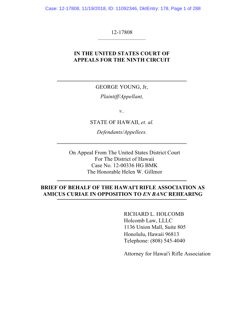 12-17808 in the UNITED STATES COURT of APPEALS for the NINTH CIRCUIT GEORGE YOUNG, Jr, Plaintiff/Appellant, V.. STATE of HAWAII