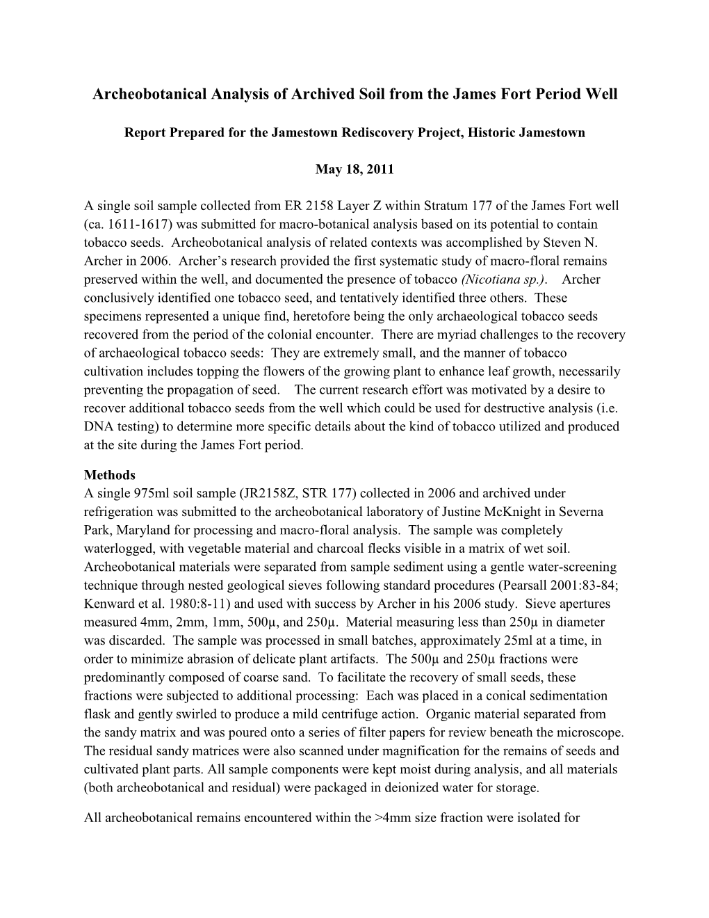 2011 Archeobotanical Analysis of Archived Soil from the James Fort