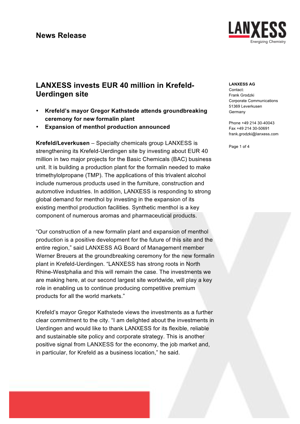 News Release LANXESS Invests EUR 40 Million in Krefeld- Uerdingen Site