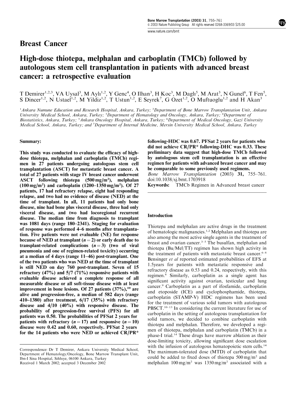 Breast Cancer High-Dose Thiotepa, Melphalan and Carboplatin