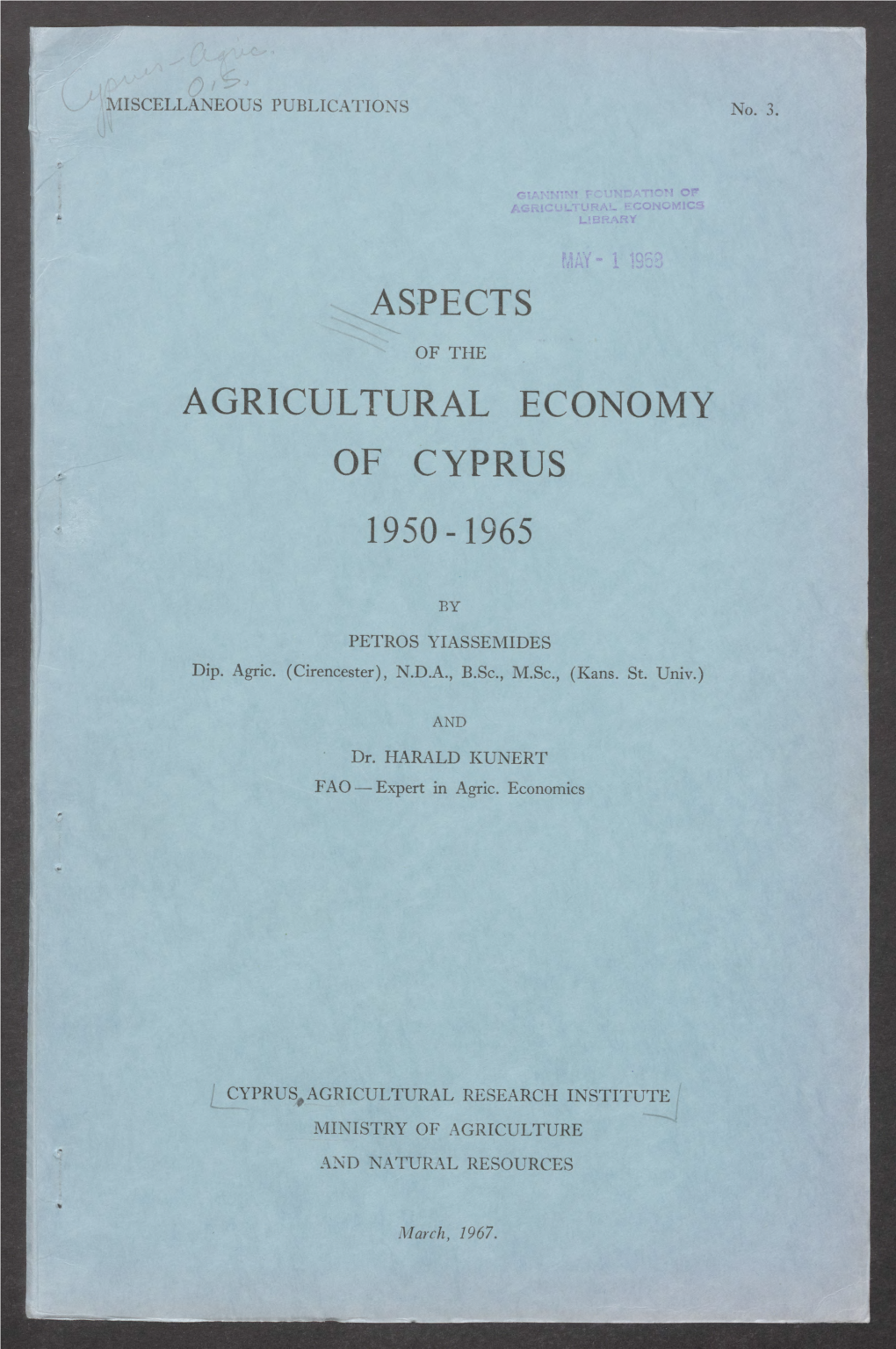 Aspects Agricultural Economy of Cyprus 1950-1965